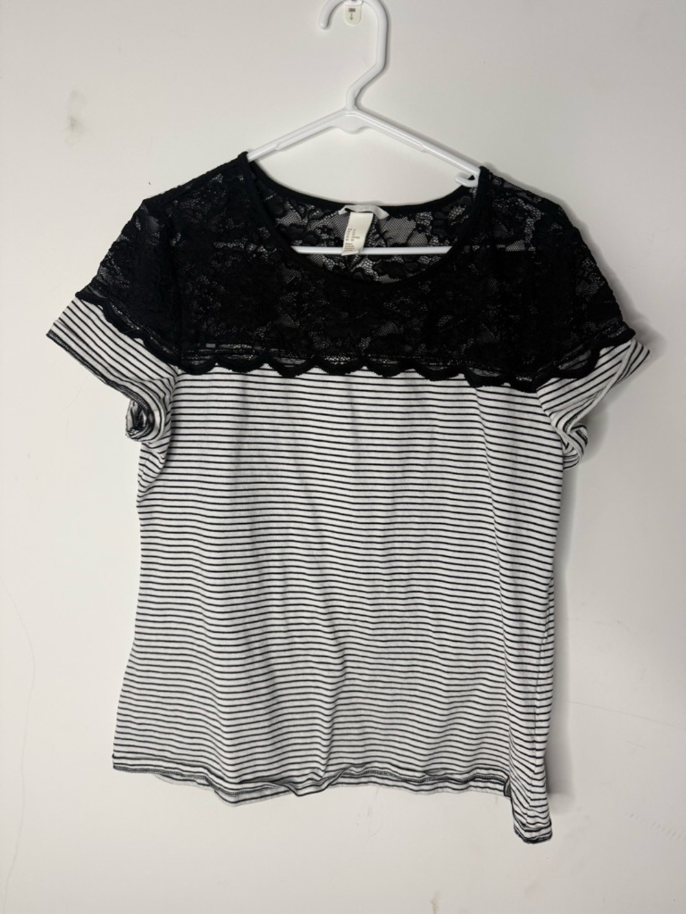H&M Black Lace Yoke Striped Tee - Black & White